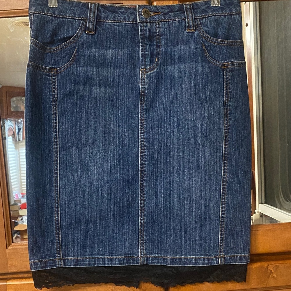 Elegant Size 3/4 Blue Denim Pencil Skirt W/ Lace Spring Office Academia Career